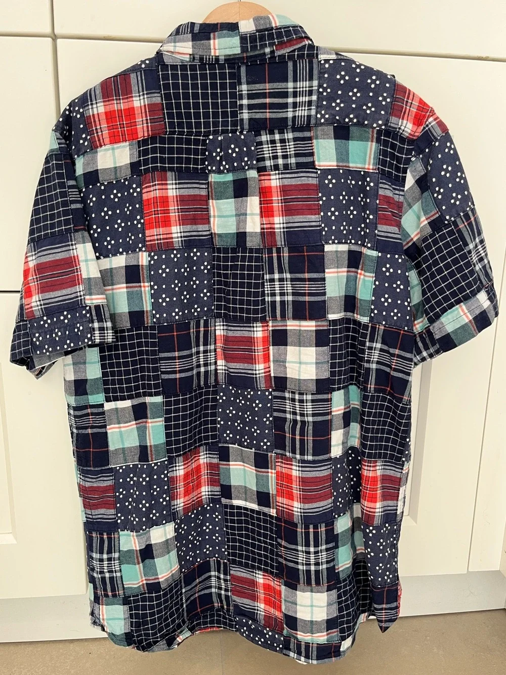 GAP Kids Teen Short-sleeved Button-down Patchwork Plaid shirt in Navy/Red